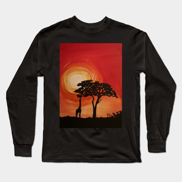 Giraffe silhouette at sunset Long Sleeve T-Shirt by JackieJames